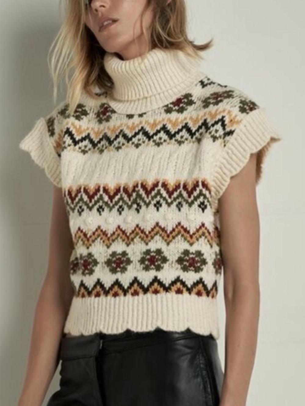 Zara Cream Fair Isle Turtleneck Sleeveless Cropped Sweater